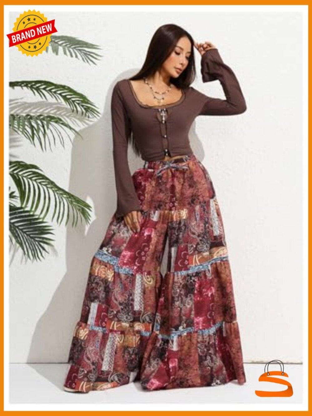 Hippie Ruffle Flowy Wide Leg Palazzo Pants Elastic Waist Vintage - Picture 5 of 5